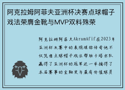 阿克拉姆阿菲夫亚洲杯决赛点球帽子戏法荣膺金靴与MVP双料殊荣
